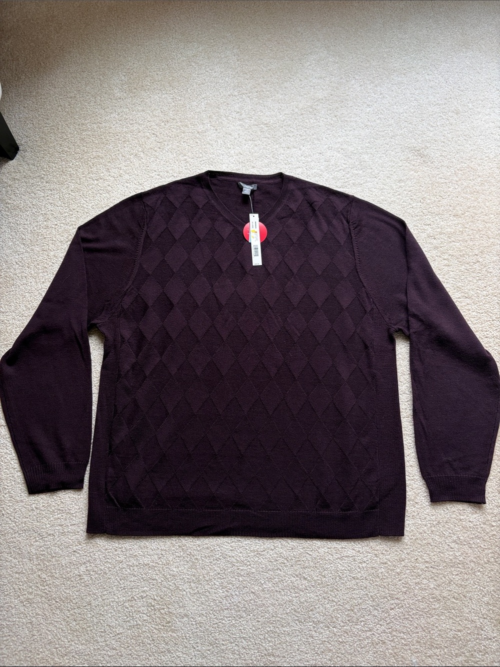 NWT Men's Diamond-Pattern Sweater - Deep Plum XXL 100% Marino wool